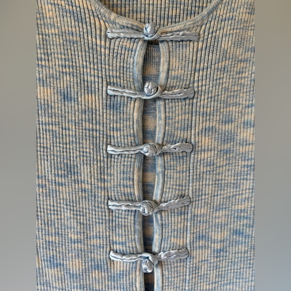 LPA Blue Knit Woven Ribbed Bodycon Tie Front Short Sleeved Scoop Neck Mini Dress - Picture 6 of 15